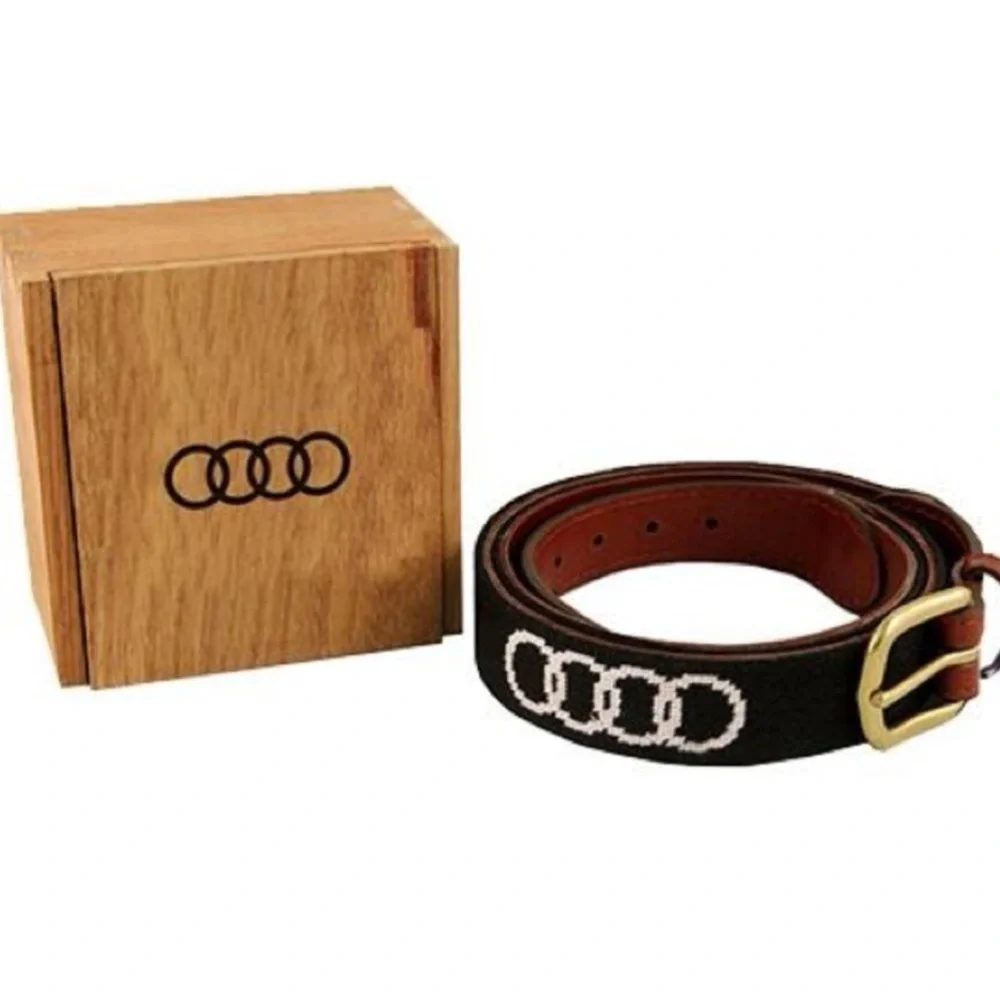 Smathers & Branson Audi Hand-Stitched Needlepoint Black Brown Belt Gold Buckle